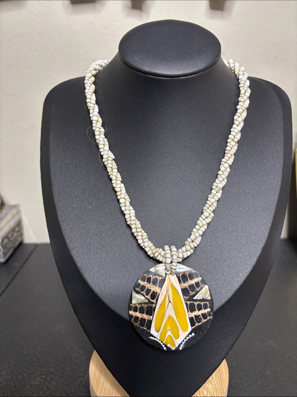 Boho Mother Of Pearl Inlay Beaded White Pendant Necklace Resort Beach Unique
